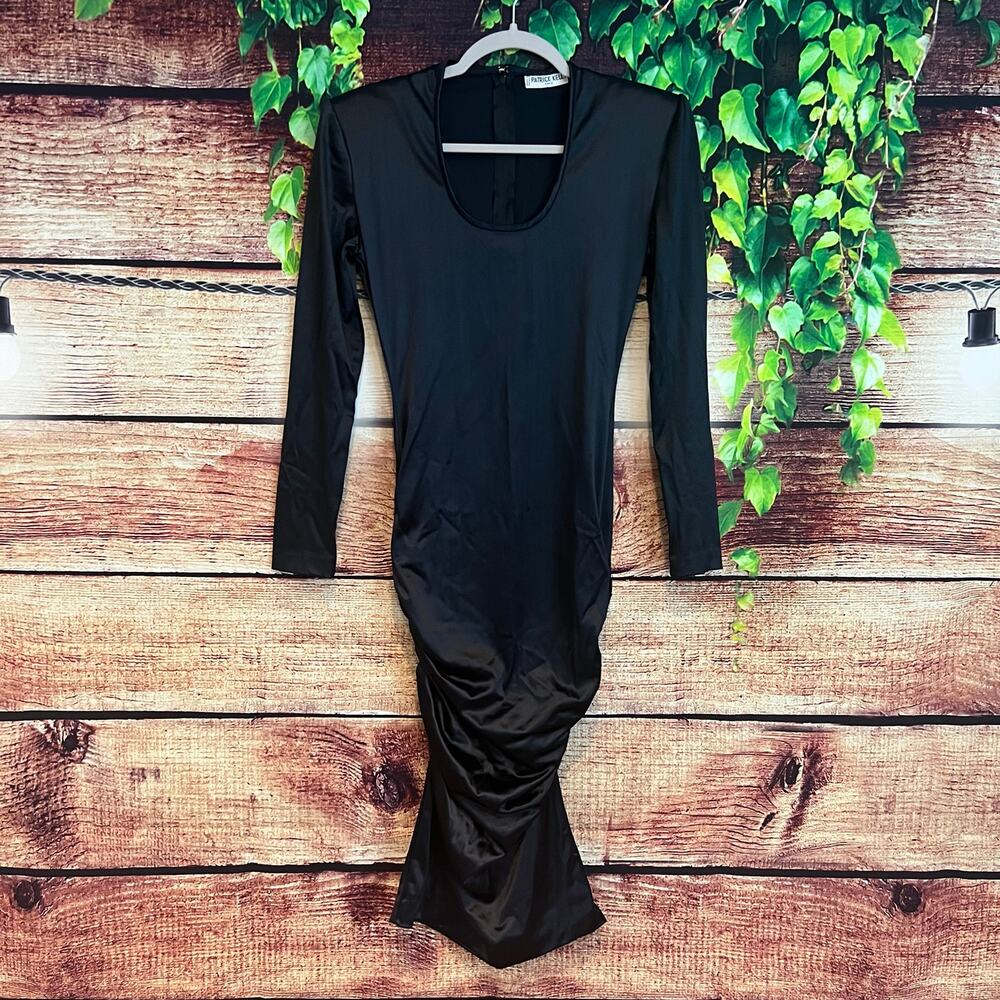 Patrick Kelly Paris Midi Dress Small Ruched Bodycon Black Satin Scoop Neck
